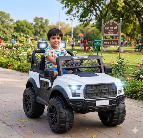 Image of SHAKYA WORLD POBO Battery Operated Jeep for Kids Ride on with Music & Light Electric Car Jeep, White