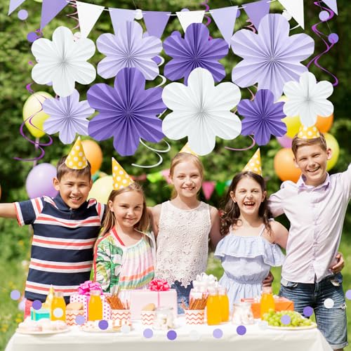 Image of Lavender Birthday Party Decorations Purple White Party Decorations | Hanging Paper Flowers Tassel Garland Swirls for Women Girl Graduation Baby Showers Wedding Bachelorette Retirement Supplies