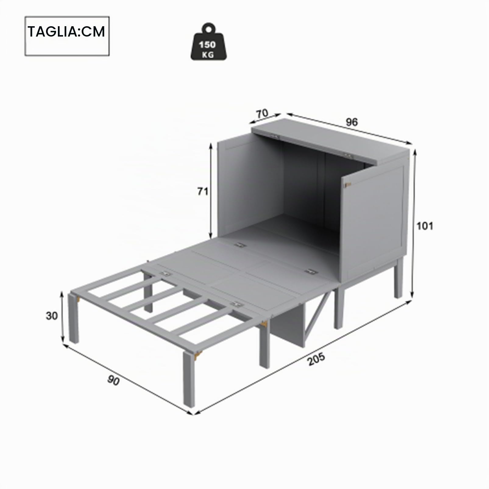 Letto verticale per armadio con rete a doghe, pieghevole da parete per adulti e ragazzi, letto singolo, per camera da letto, letto degli ospiti, in legno, struttura del letto, grigio, 90 x 200 cm