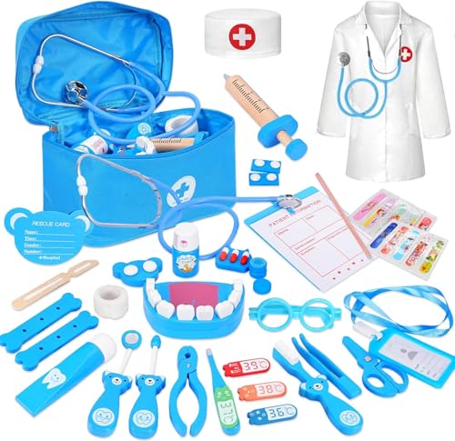 Maletin Brinquedo médico, kit médico infantil, brinquedo médico com estetoscópio real, termómetro, mala de médico portátil, jogos de imitação presentes para meninas meninos 3 4 5 6 - azul