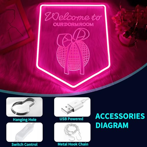 Image of Neon Sign Welcome To Our Dorm Room, JGHTURIE Bow Neon Signs for Wall Decor Art Carving Design Pink Light up Preppy Girls Room Decor for Club Party Event Decoration USB Powered