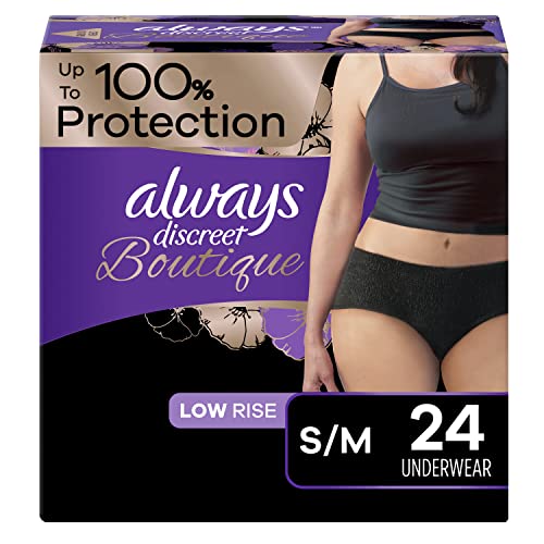 Image of Always Discreet Boutique Adult Incontinence & Postpartum Underwear for Women, Low-Rise, Size Small/Medium, Black, Maximum Absorbency, Disposable, 24 Count (Packaging May Vary)