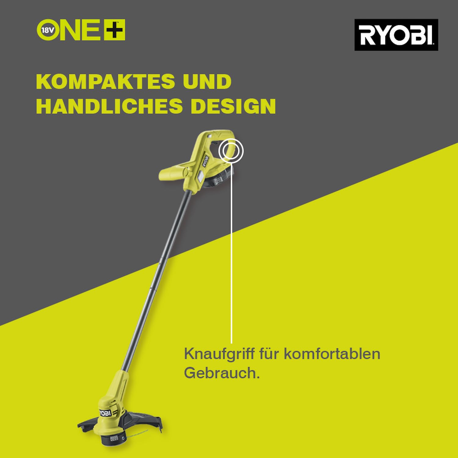 RYOBI 18 V ONE+ Akku-Rasentrimmer RY18LT23A-0, 23 cm Schnittbreite, EasyEdge, Metallstiel