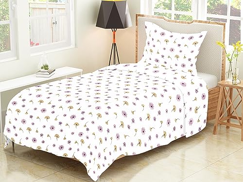 Image of 144TC 100% Cotton Single Bedsheet with Pillow Cover | White Floral Print | Soft, Durable & Fade Resistant