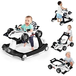 GOPLUS 4 in 1 Baby Lauflernhilfe, Lauflernwagen höhenverstellbar mit Licht & Musik, Baby Walker Autoförmig mit Einstellbarer Geschwindigkeit, Gehfrei Baby ab 6 Monaten (Weiß)
