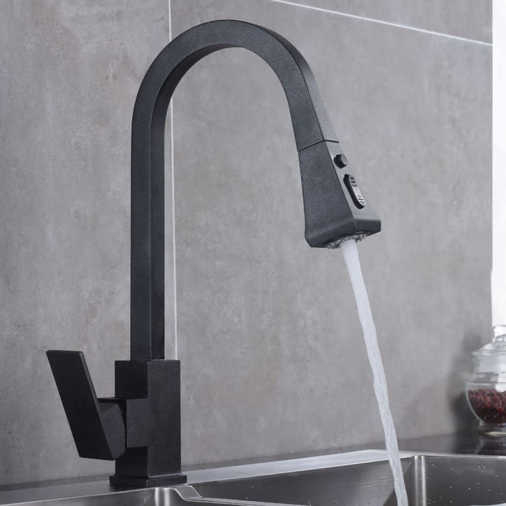 Black Square Pull Out Kitchen Faucet Single Lever Hot Cold 360 Rotation Mixer Tap Basin Water Crane Tap for Kitchen,Black Dots