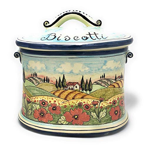 CERAMICHE D'ARTE PARRINI- Italian Ceramic Biscuit Cookies Jar Hand Painted Decorated Poppies Landscape Made in ITALY Tuscan Art Pottery