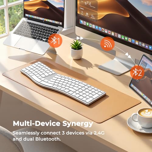 Image of MEETION Wireless Ergonomic Keyboard, Split S-Curve, Bluetooth & 2.4G, White | Rechargeable full-size keyboard with slim low-profile keys, Bluetooth and 2.4G wireless for Windows, Mac, PC and laptop