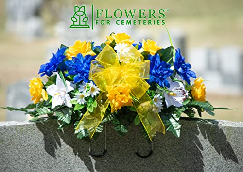 Sympathy Silks Artificial Cemetery Flowers - Realistic Vibrant Roses, Outdoor Grave Decorations - Non-Bleed Colors, And Easy Fit - 1 Blue Dahlia And White Orchid Saddle For Headstone #TOP2