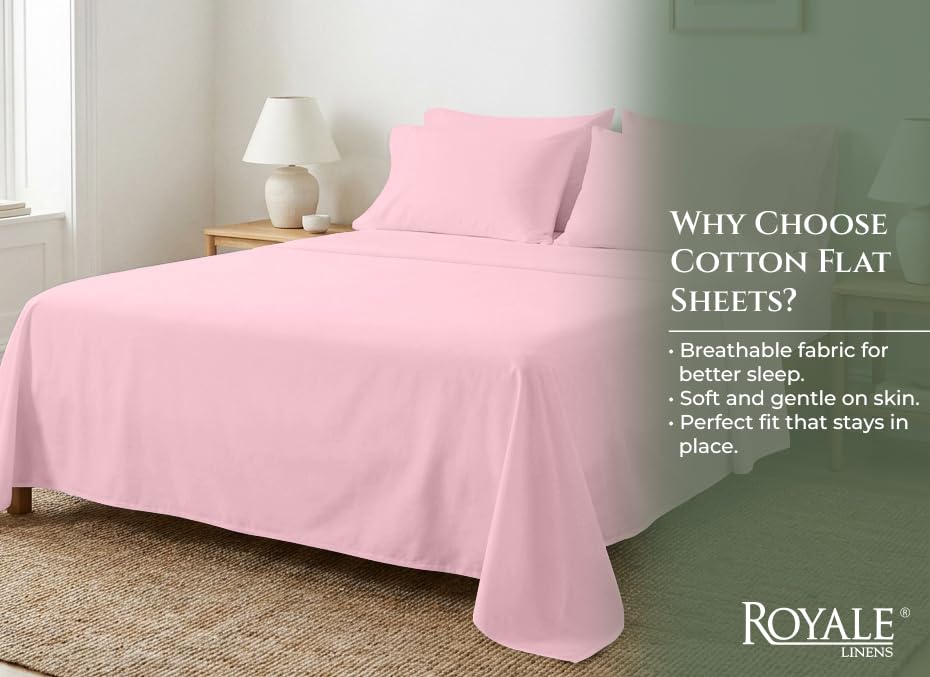 Image of Royale Linens 100% Organic Cotton Queen Size Flat Sheet Only - Percale Top Sheets - Queen Flat Sheet Sold Separately - Lightweight & Super Soft 100% Cotton Pink Bed Sheets Only (90 inch x 102 inch, Pink)