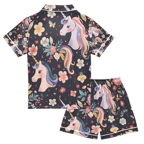 senya Cute Unicorn in Flowers Satin Summer Pajama Sets Silk Short Sleeve Button Down Sleepwear2