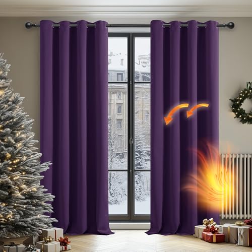 Image of Deconovo Super Soft Thermal Insulated Ring Top Blackout Curtains Bedroom Curtains for Kids 46 x 90 Inch Purple Grape Two Panels