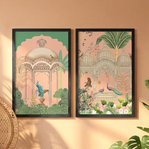 Image of NoWorries Indian Peacock Palace Framed Wall Painting Set of 2, Peach Green Beige & Black, Mughal Arch Botanical Garden Art Prints for Living Room, Bedroom, Office Decor (Art-8, 25x37inch)