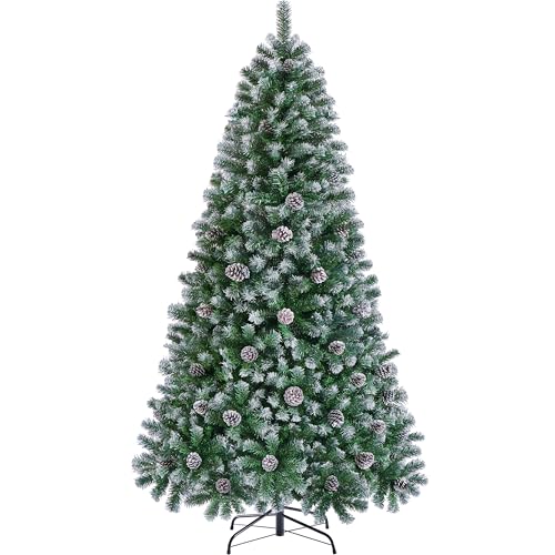 Yaheetech 183 cm Árvore de Natal neve artificial 920 pontas com 64 frutas de pinheiro suporte metálico dobrável para decoração de casa escritório festas festivas