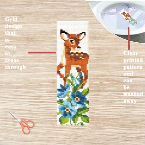 Image of FREEBLOSS 6 Set Cross Stitch Bookmark Kit Stamped Cross Stitch Kit for Beginners Embroidery Set with Instruction for Adult Dog, Squirrel, Giraffe, Deer, Fox, Cat, Flowers 8 inch*2.4 inch