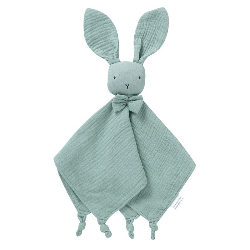 Image of LAWKUL Baby Lovey Organic Cotton Muslin Soft Security Blankets Comfy Lovie for Newborn Infants Boy Girls Unisex Bunny Green