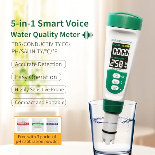 Image of LABART 5-in-1 Digital pH Meter & TDS Tester with Voice Function | EC, Salinity & Temperature Monitor | Waterproof Rechargeable Device for Aquarium, Pool & Drinking Water