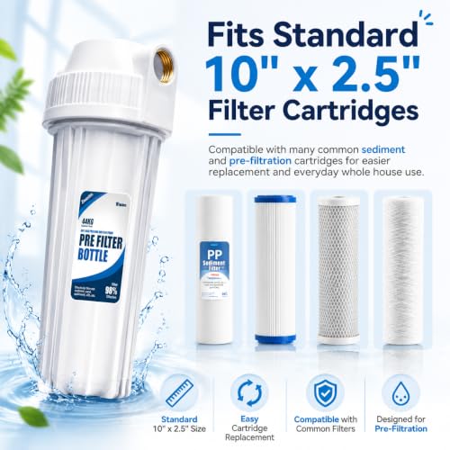 Image of Whole House Water Filter Housing, Fit 10 inchx2.5 inch Sediment etc Filters for Well and City Water, Pre-Filtration System for Home, 3 /4 inch Brass Port, Heavy Duty Steel Bracket, 4 Screws, Wrench, 1 Pp Cotton