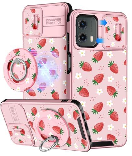 Buleens for Moto G Play 2024 Case 4G - with Ring Stand & Camera Cover Aesthetic Cute Designed Women Girls Pretty Girly Kawaii Strawberry Phone Case for Motorola G Play 2024 4G Compatible with Magsafe