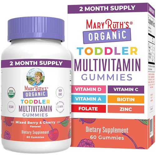 MARYRUTH'S Organic Toddler Multivitamin Gummies | Ages 4+ | Vitamin A, C, D, E, B6, B12, Biotin, Iodine, Zinc | Immunity | Bone & Teeth Health | Skin & Vision Support | Vegan | Gluten Free | 60 Count