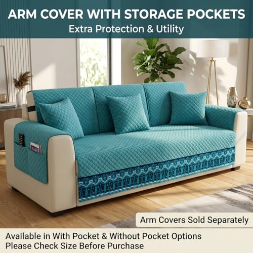 Image of KINGLY Sofa Cover 4 Seater Fully Covered | Stretchable Anti-Slip Slipcover | Washable Furniture Protector | Mint Blue | Set of 2 | Seat & Back |