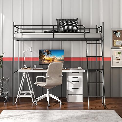 Multigot Loft Bunk Bed, Metal Ladder Bed Frame with Safety Guardrail, Single Space-Saving High Sleeper Beds for Kids Teens Adults (Black) 2 Multigot Loft Bunk Bed, Metal Ladder Bed Frame with Safety Guardrail, Single Space-Saving High Sleeper Beds for Kids Teens Adults (Black) - Image 2