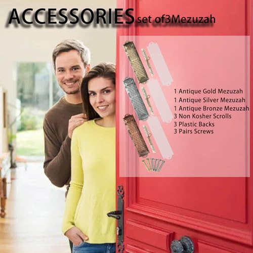 Image of Mezuzah Set of 3 Jewish Door Mezuzah with English /Hebrew House Blessing, Metal Cases with Non-Kosher Scrolls, Gold, Silver, Bronze
