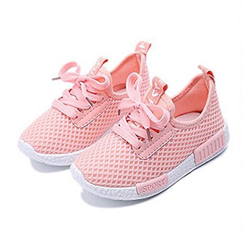 Daclay Zapatos niños Niñas Deportivo Transpirable Malla con Parte Superior de Cuero cómoda Suave Cordones Zapatillas Sneakers (36 EU,Rosa)