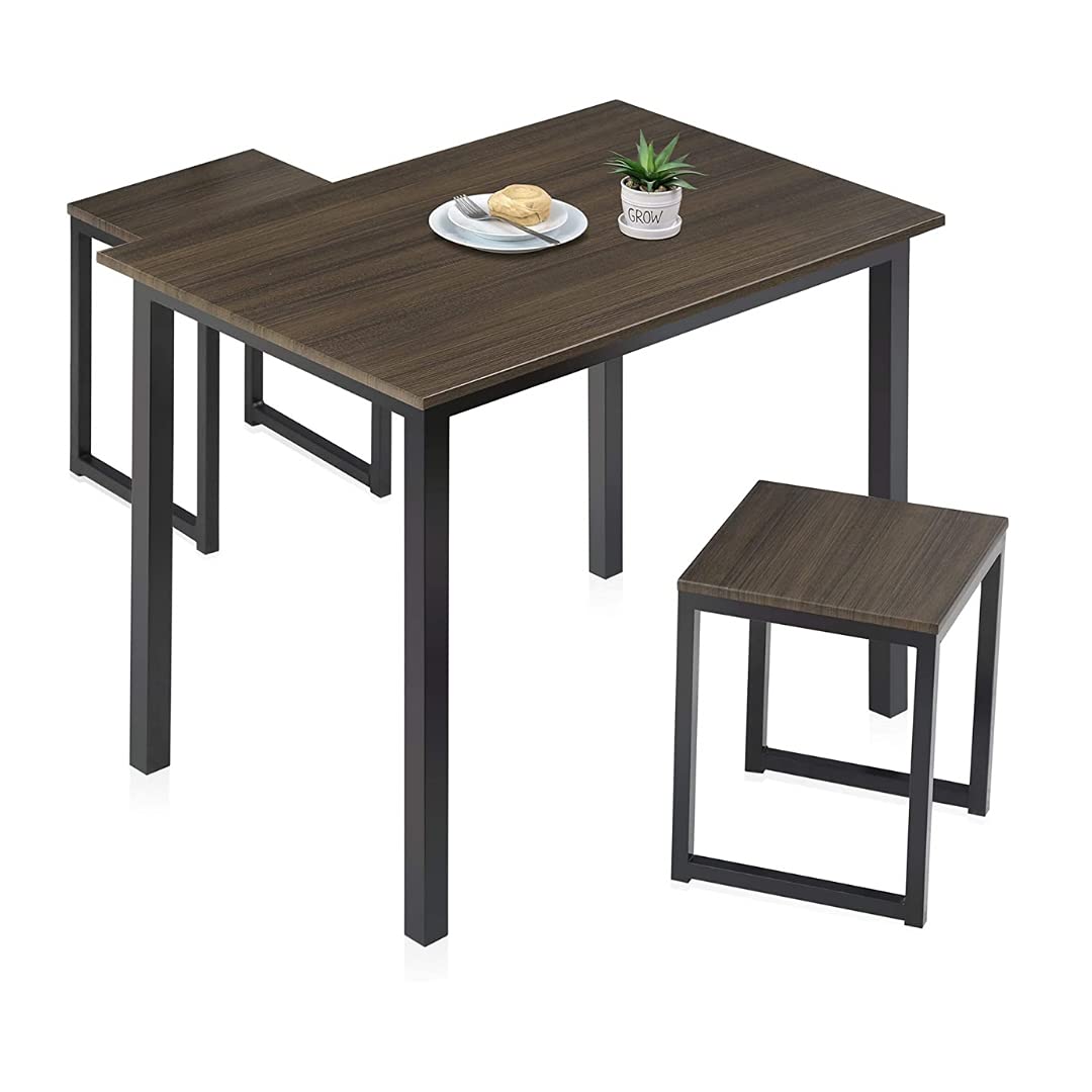Spacepanda Brookwood Dining Table Set (1 Table & 2 Stool) in Ply Laminated Table Top & MS Powder Coated Frame for Home Living Room, Home Dining Room Furniture (Brown)
