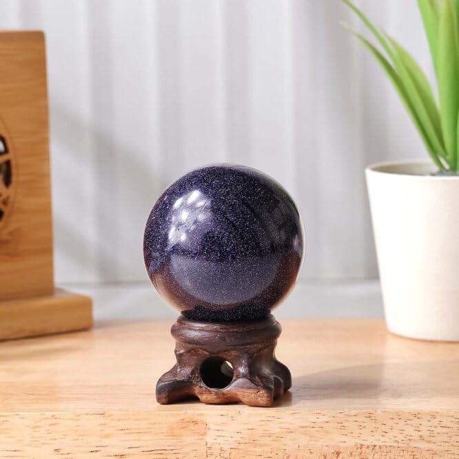 Image of Blue Goldstone Crystal Ball 100-150 Gm with Wooden Stand | Polished Healing Crystal Sphere for Reiki, Meditation, Feng Shui, Vastu Decor & Crystal Collection