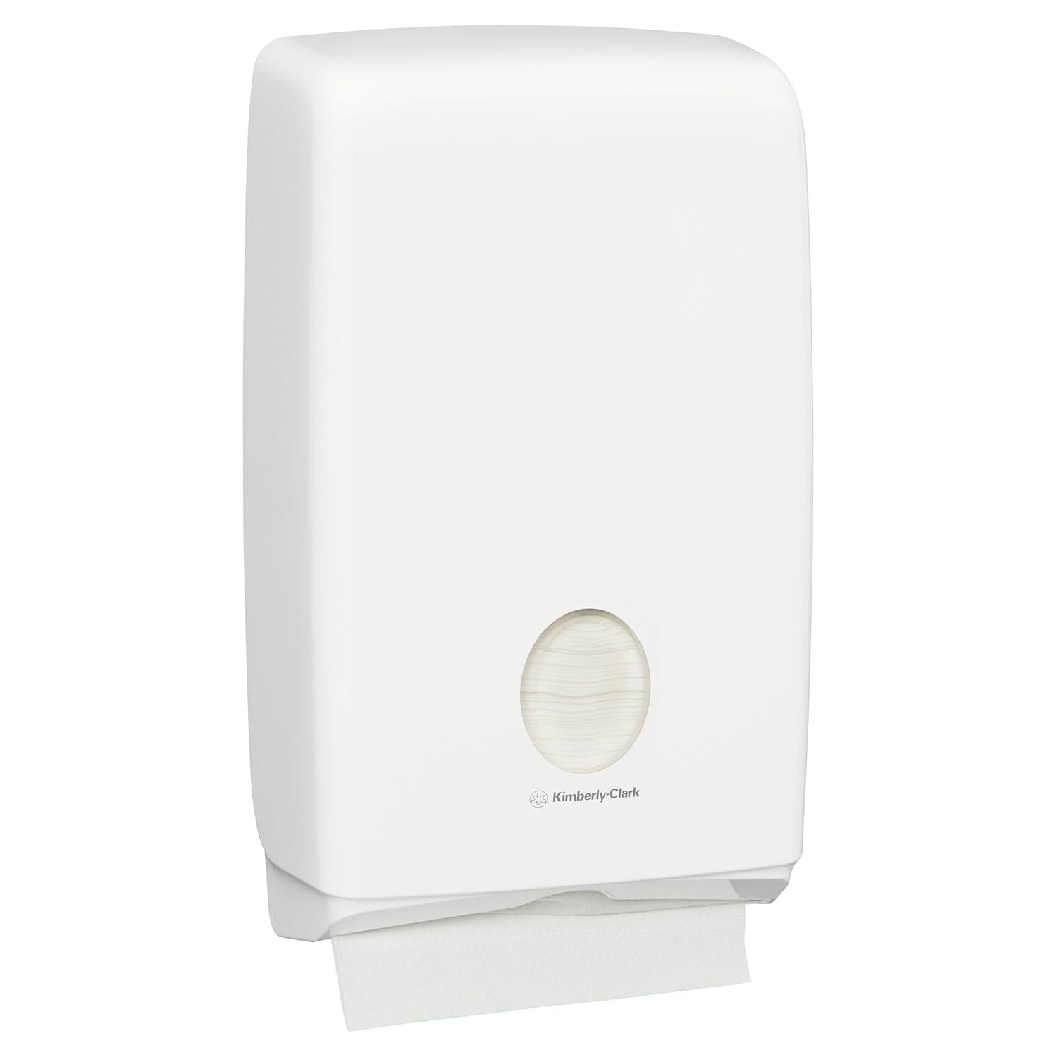 A single C-fold paper towel being pulled from the Kimberly-Clark Professional Aquarius Compact Fold Paper Towel Dispenser.