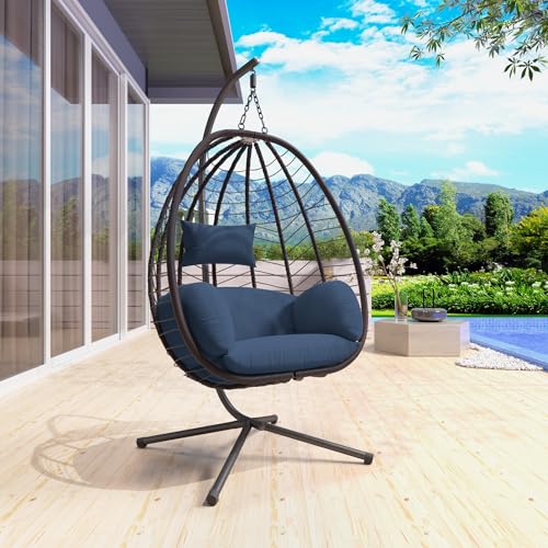 Piltwoff Hanging Egg Chair with Stand, Indoor Outdoor Wicker Rattan Egg Swing Chair with Cushion Headrest, Hammock Chair 350lbs Capacity for Bedroom Patio Porch Garden Balcony(Navy)
