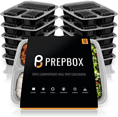[10 Pack] 3 Compartment BPA Free Reusable Meal Prep Containers - Plastic Food Storage Trays with Airtight Lids - Microwave, Freezer & Dishwasher Safe - Stackable Portion Control Lunch Boxes [32 oz]