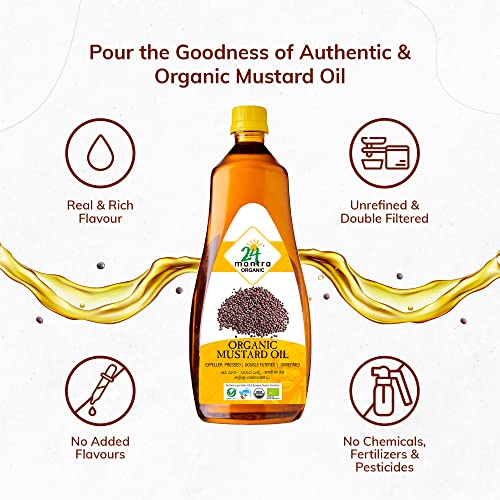 Image of 24 Mantra Organic Unrefined Mustard Oil /Sarson Oil /Avanune - 1 L | Pack of 2 | 100% Organic | Chemical Free & Pesticides Free | Double Filtered | Expeller Pressed
