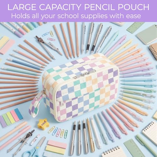 Image of WOBAGMEN Cute Pencil Case,Large Corduroy Zippered Pencil Case Pouch, aesthetic Pencil Bag with Compartments, Pencil Pouch School Supplies (Colorful checked)