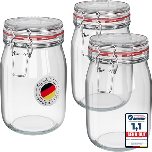 WELLGRO 3x Einmachgläser mit Bügelverschluss rund 1140ml, Fermentierglas, Vorratsgläser mit Deckel - Gläser mit Deckel Made in Germany