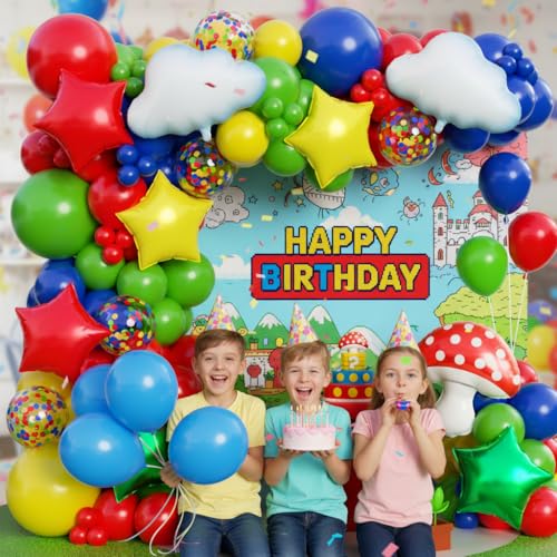 Image of Red Blue Green Yellow Balloon Arch Garland Kit 172pcs with Cloud Mushroom Star Balloons, Video Game Balloon Arch Kit for Gamer Birthday Cartoon Video Game Bros Party Decorations