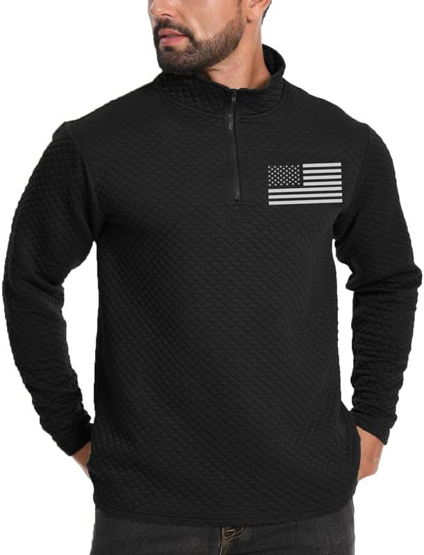 H HYFOL Men's USA Flag Graphic Pullover Waffle 1/4 Zip Stand Collar American Patriotic Sweatshirts - Image 3