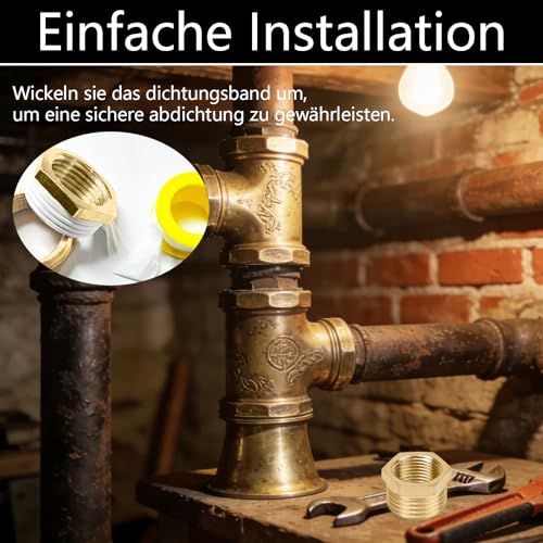 CONJURAIDE 2 Stück Reduzierung 3/4 auf 1/2, Messing Reduzierstück Adapter 3/4 Zoll auf 1/2 Zoll Verschraubung Adapter mit Gewindedichtband Gewindefitting für Wasserleitungen (AG Ø25mm x IG Ø20mm)