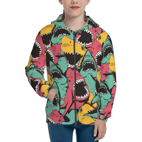 Angry Shark Pattern Kids Pullover Hoodies Boys Zip Up Sweatshirts Girls Athletic Clothes with Pocket3