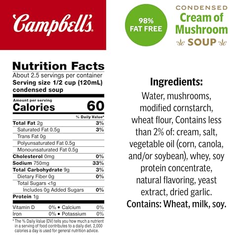 Image of Campbell's Condensed 98% Fat Free Cream of Mushroom Soup, 10.5 Ounce Can (Pack of 2)