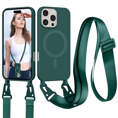Yxnvixn Crossbody Lanyard Case for iPhone 16 Pro Max, Compatible with MagSafe, Liquid Silicone TPU Soft Shell Shockproof Magnetic Protective Phone Cover with Adjustable Strap Neck Cord Necklace, Green