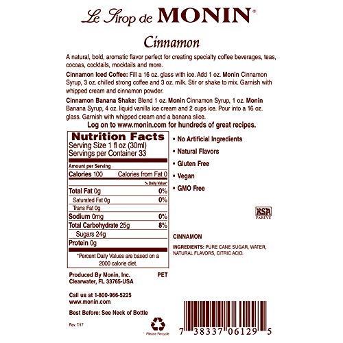 Monin - Cinnamon Syrup, Sweet And Spicy Taste Of Cinnamon, Versatile Flavor, Natural Flavors, Great For Coffees, Cocoas, Ciders, And Cocktails, Non-Gmo, Gluten-Free (1 Liter) #TOP7