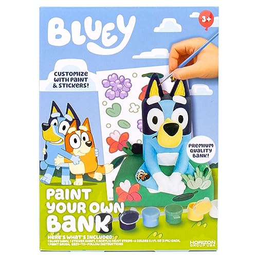 Image of Bluey Paint Your Own Piggy Bank, Includes 6 Paints, Vinyl Stickers, Craft for Kids, Great Gift Birthday Party, Toy Figures, Paintable Toys for Toddlers 1-3