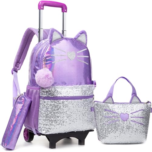 Rolling Backpack for Girls 6-8 with Lunch Bag Pencil Case Rolling Casual Cute Cat Backpacks with Wheels for Elementary Students