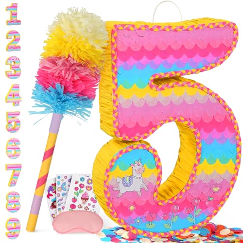 Number 5 Pinata for Birthday Party Decorations, Unicorn Mermaid Theme Pink Piñata Games Toy (5th)