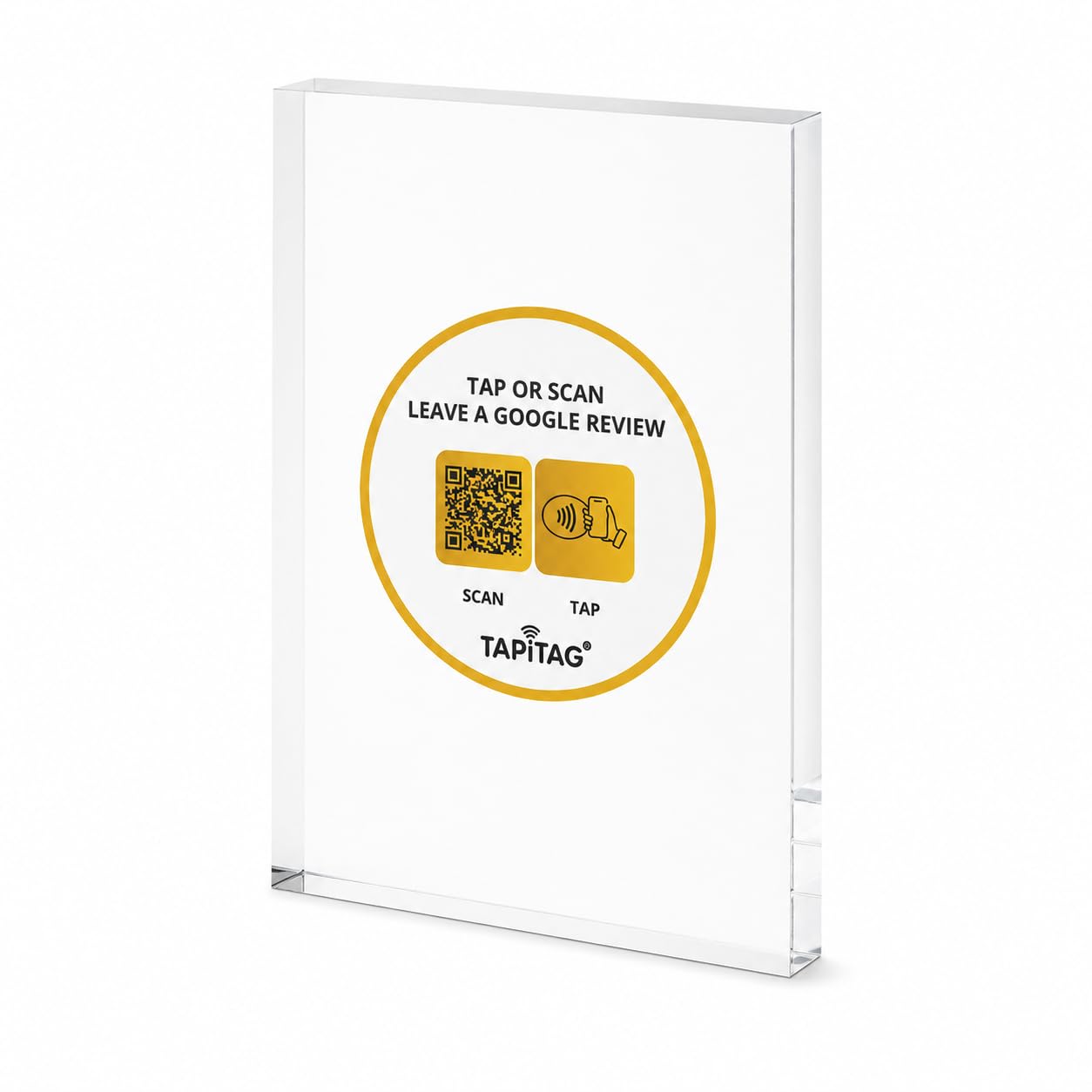TAPiTAG Google Review Stand with NFC & QR Code (A6, Acrylic Clear, Clear & White)- NO Subscription – Tap or Scan to Leave a Google Review, No App Needed, Works with iPhone & Android