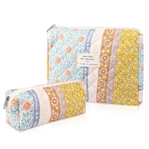 Gosect 2PC Makeup Bag Set, Cute Cosmetic Bag for Women Girls, Floral Coquette Aesthetic Toiletry Bag, Travel Make Up Organizer Bag (Color-Coded Floral)