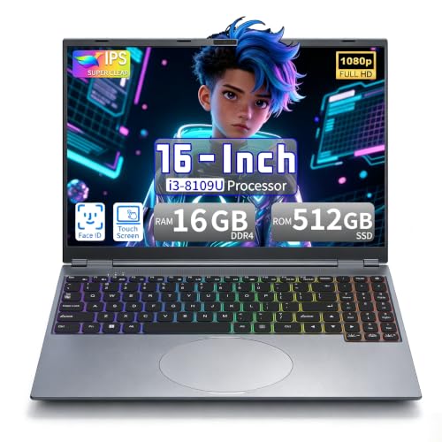 Image of 16 inch Touchscreen Laptop, i3-8109U, 16GB RAM, SSD, RGB Backlit Keyboard, Face & Fingerprint Recognition, 180 Degree Opening and Closing, Win 11 (16GB RAM | 512GB SSD)
