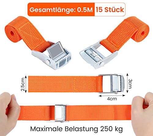 Spanngurte Kurz 50CM 15 Stück, Zurrgurte mit Ratsche, Kleine Spanngurte mit klemmschloss, Verstellbare Befestigungsgurt für Möbeln, Sackkarren, Camping, Motorrad, Gepäck, Belastbar Bis 250 kg